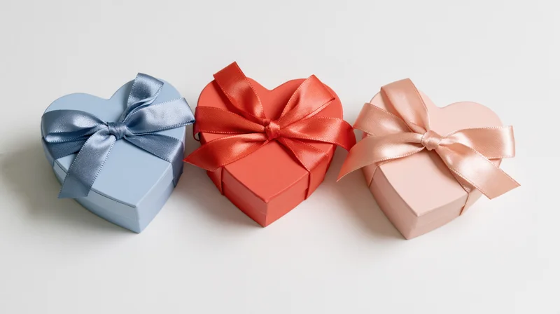 Three heart-shaped gift boxes with satin ribbons arranged in a row on white background