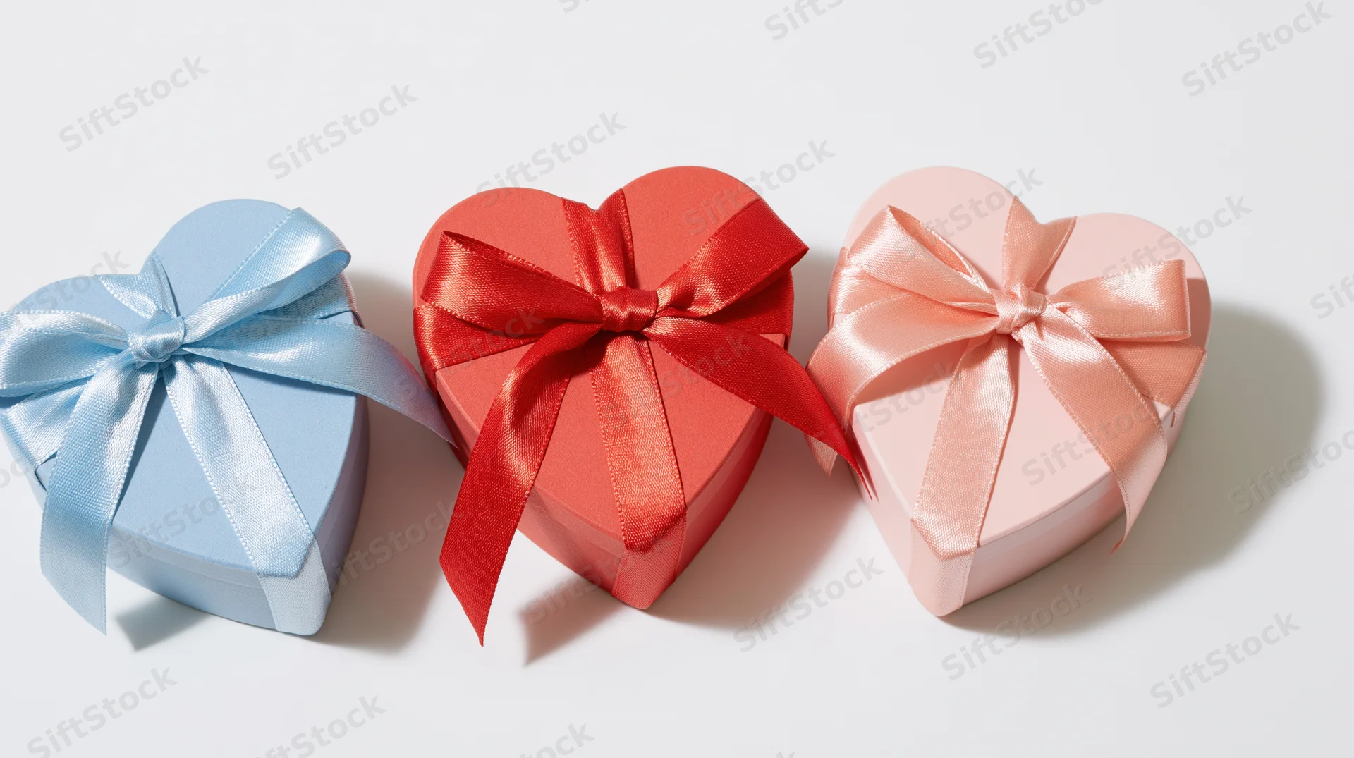 Three heart-shaped gift boxes with satin ribbons arranged in a row on white background