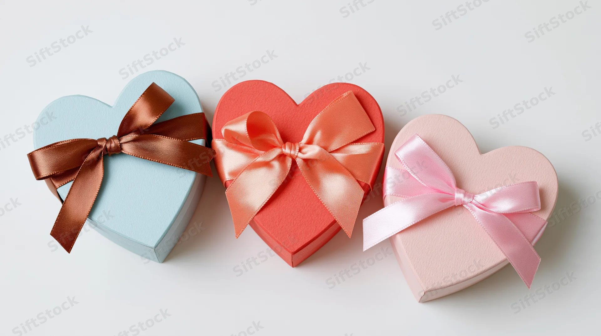 Three heart-shaped gift boxes with satin bows arranged in a row on a white surface