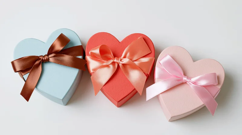 Three heart-shaped gift boxes with satin bows arranged in a row on a white surface