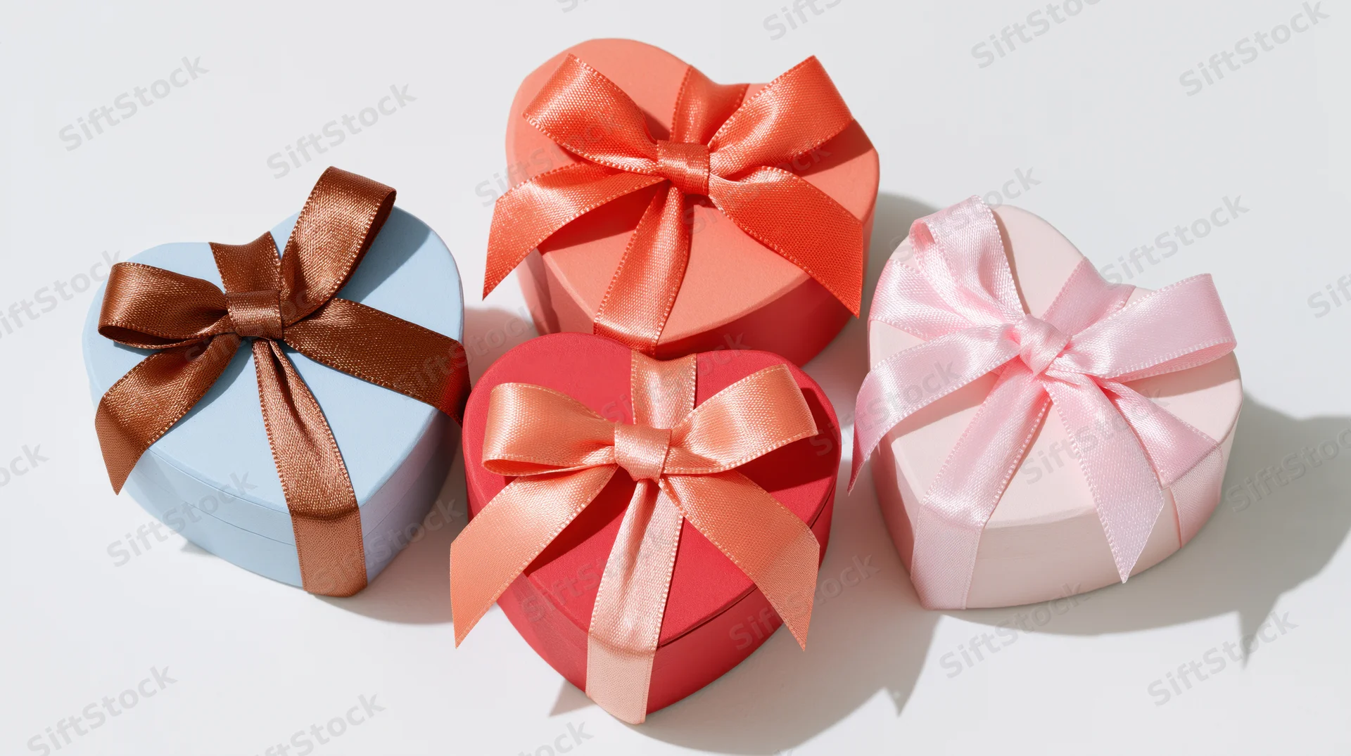 Four heart-shaped gift boxes with satin ribbons arranged on a white surface