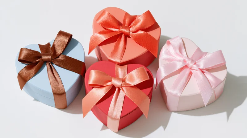 Four heart-shaped gift boxes with satin ribbons arranged on a white surface