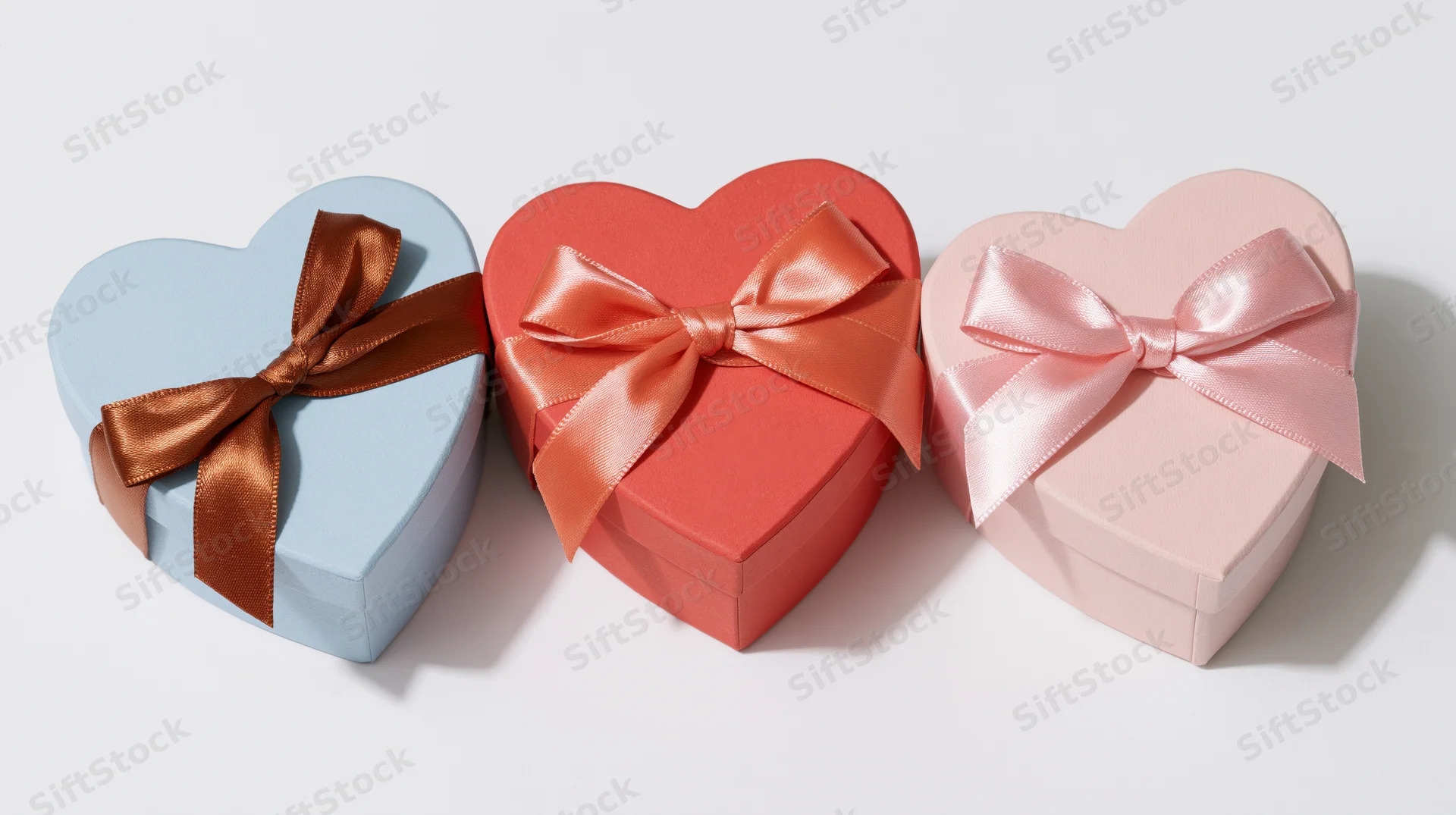 Three heart-shaped gift boxes with ribbons arranged in a row on white background