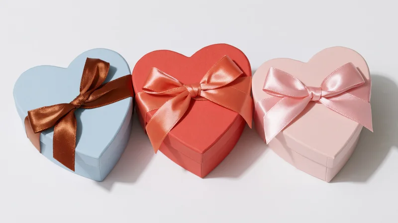 Three heart-shaped gift boxes with ribbons arranged in a row on white background