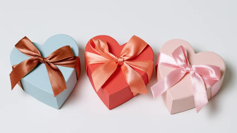 Three heart-shaped gift boxes with ribbons arranged in a row on white background