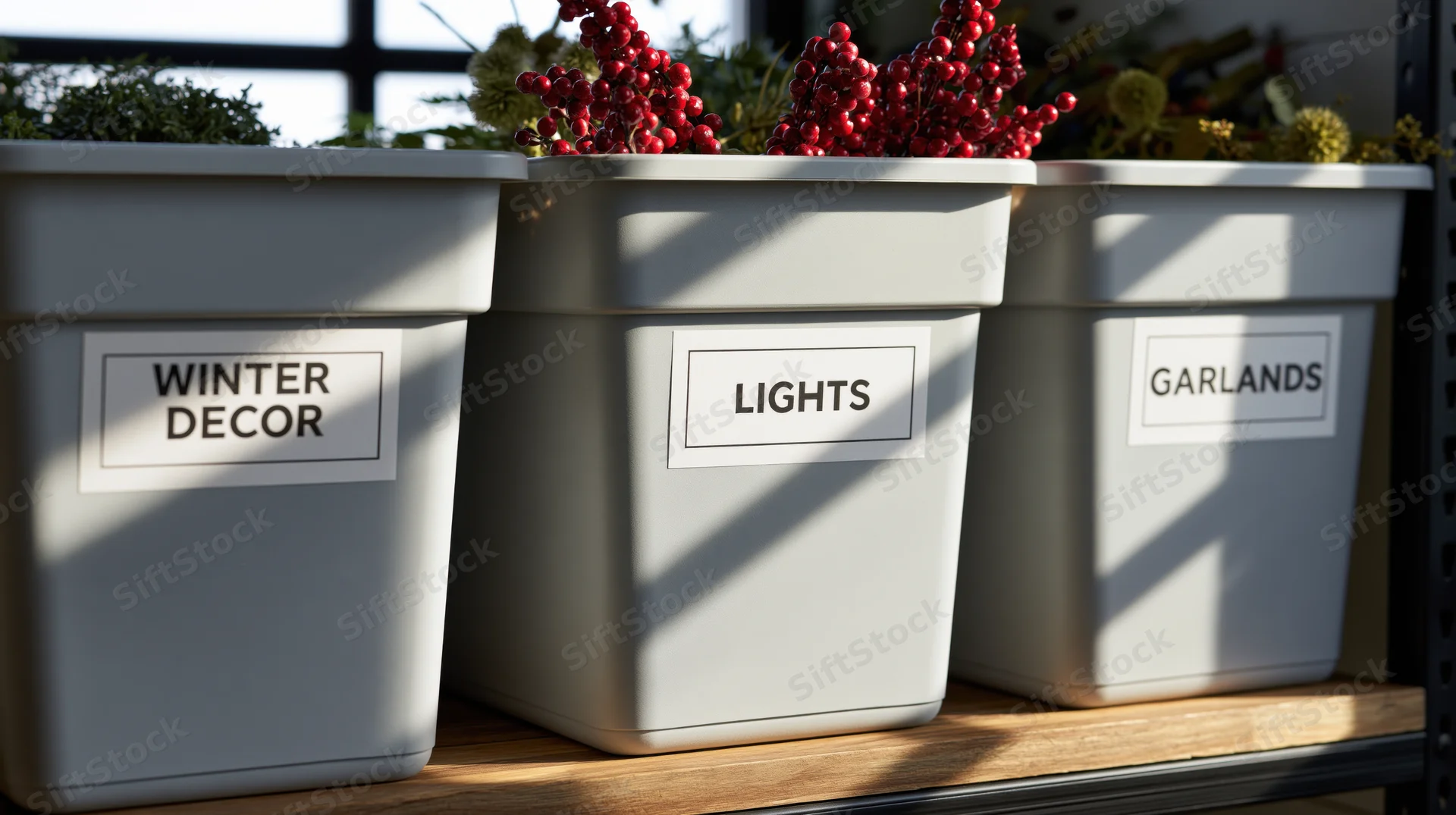 Three labeled storage bins for winter decor, lights, and garlands on a wooden shelf