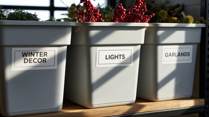 Three labeled storage bins for winter decor, lights, and garlands on a wooden shelf