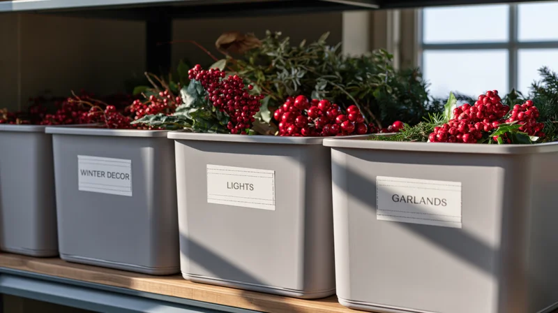 Labeled storage bins filled with holiday decorations on a wooden shelf