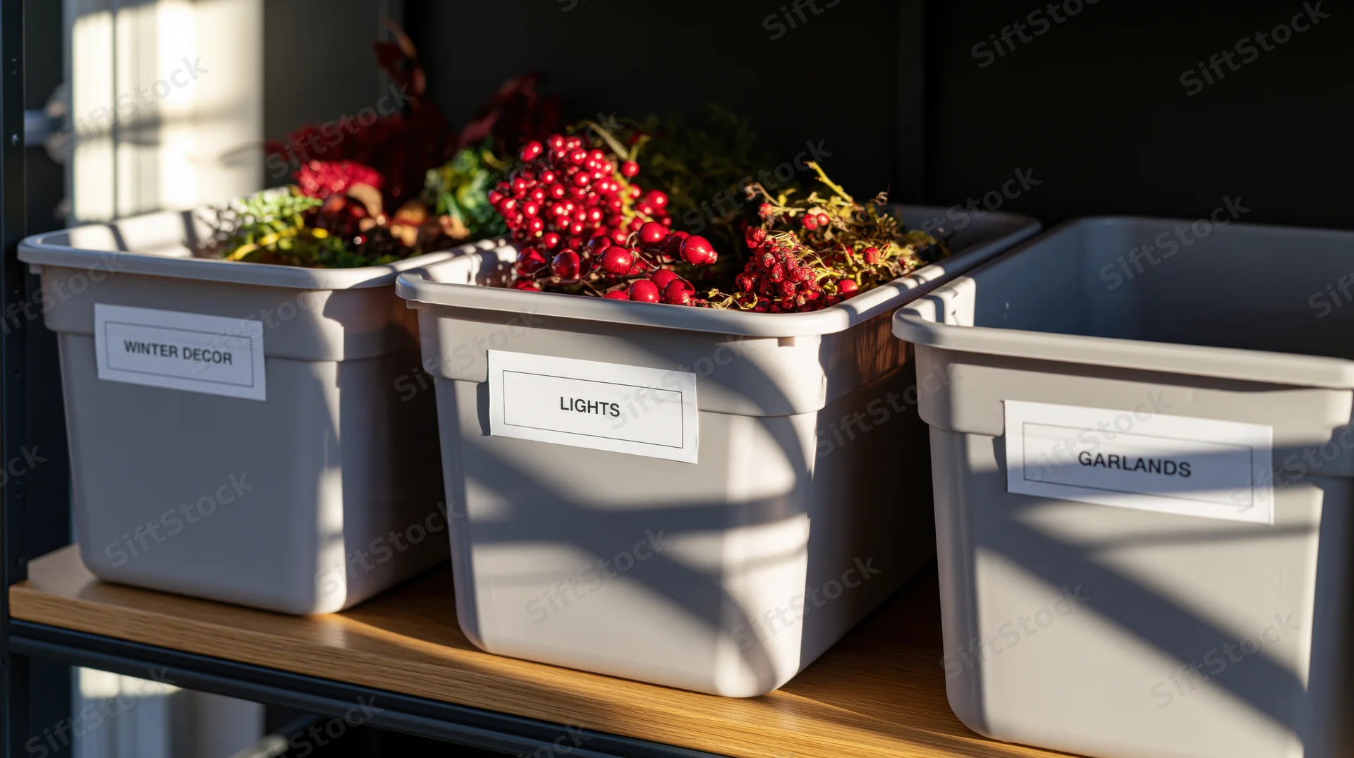 Three labeled storage bins on a wooden shelf containing holiday decorations
