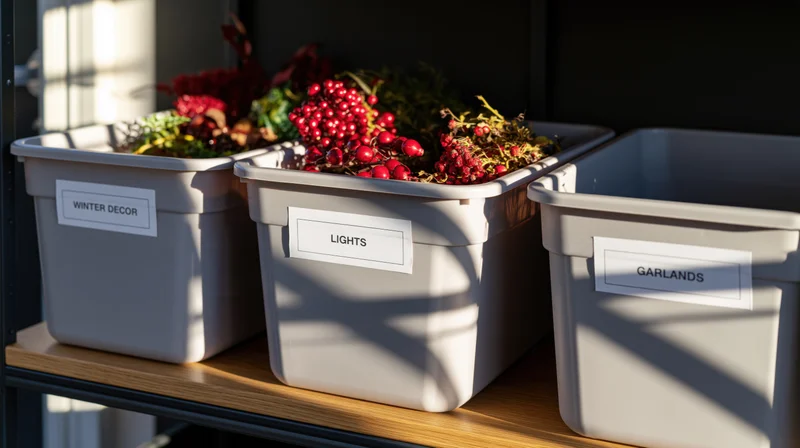 Three labeled storage bins on a wooden shelf containing holiday decorations
