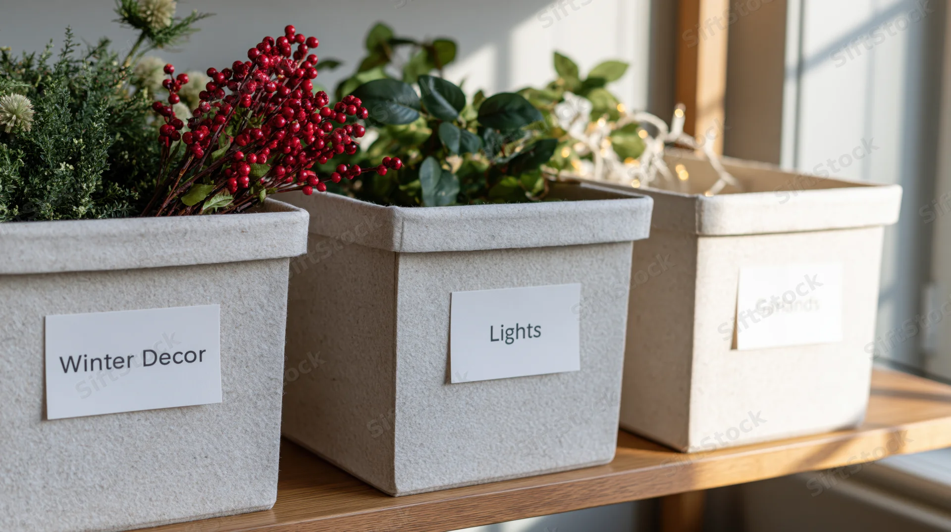 Three labeled storage bins filled with holiday decor on a wooden shelf