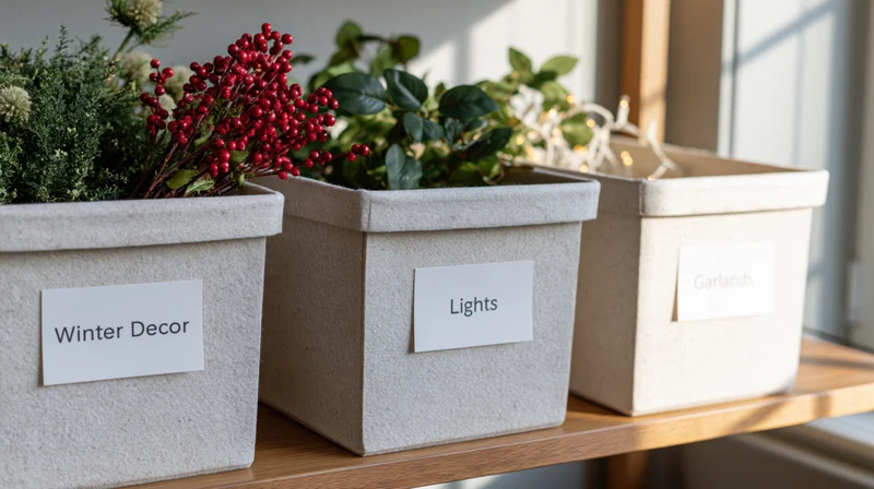 Three labeled storage bins filled with holiday decor on a wooden shelf