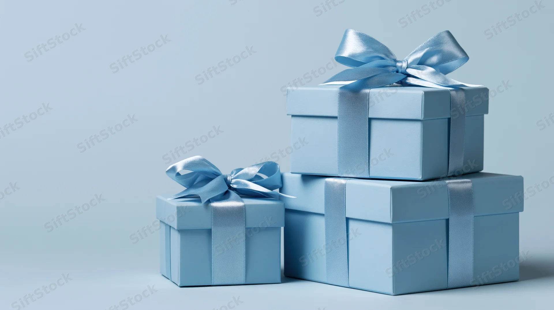 Three light blue gift boxes stacked with ribbons on a plain background