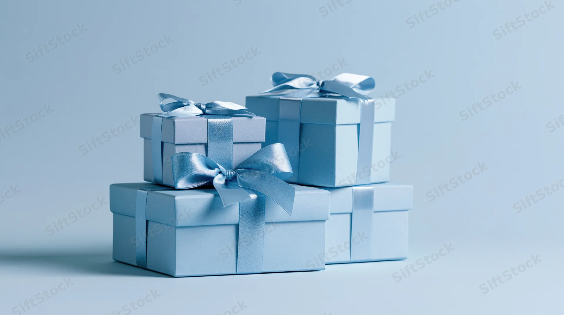 Light blue gift boxes stacked and arranged on a plain surface