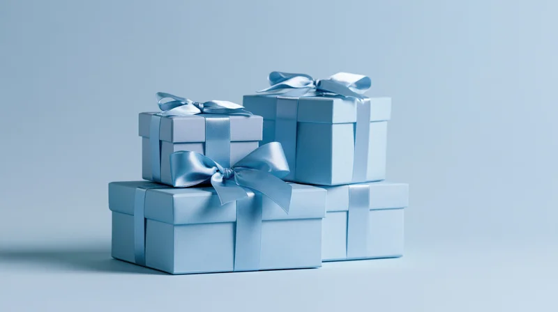 Light blue gift boxes stacked and arranged on a plain surface