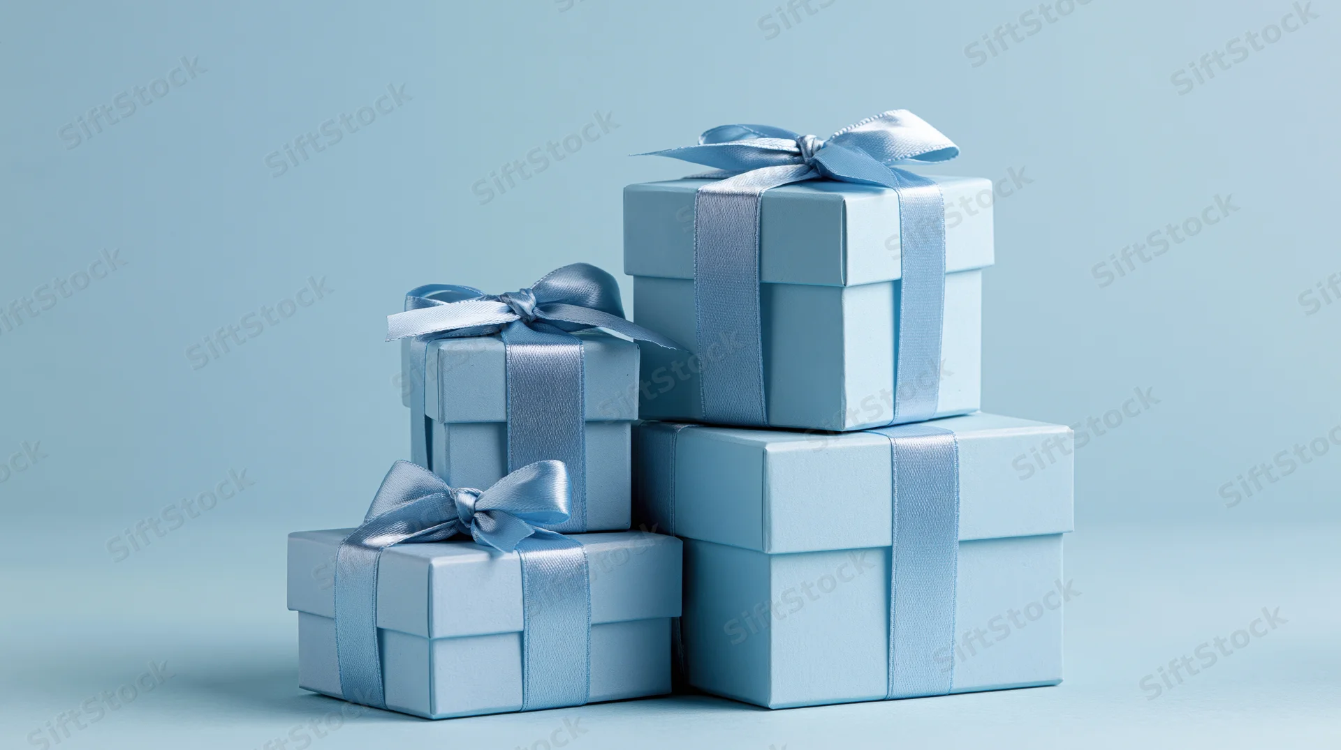 Light blue gift boxes stacked with ribbons and bows on a plain background