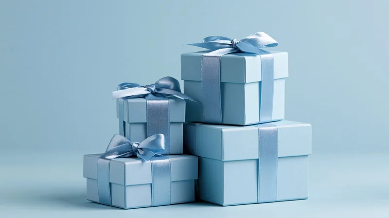 Light blue gift boxes stacked with ribbons and bows on a plain background