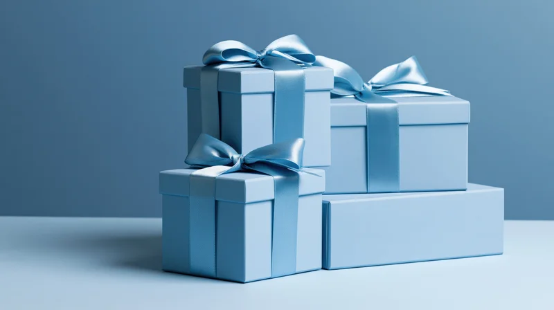 Pale blue gift boxes stacked with satin ribbons on a blue surface