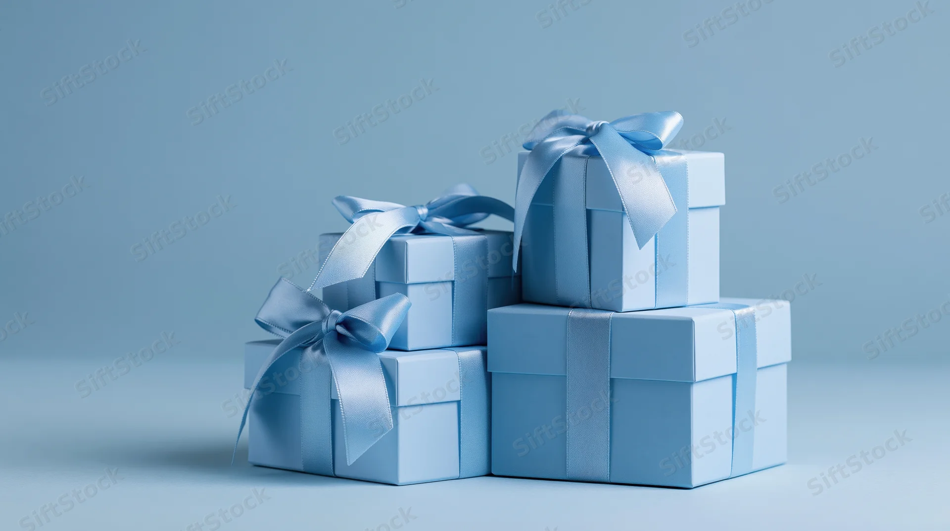 Pale blue gift boxes stacked and arranged on a plain surface with ribbons and bows
