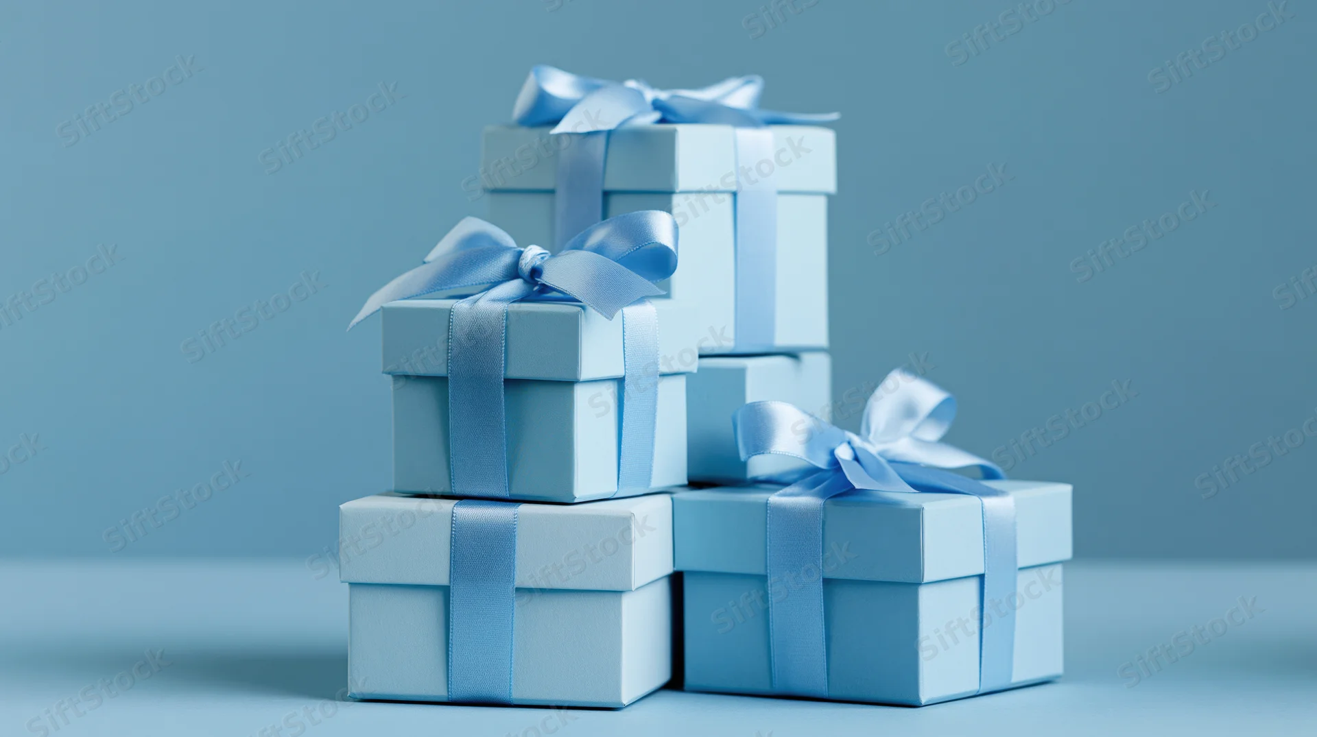Pale blue gift boxes stacked in a pyramid arrangement on a matching blue surface