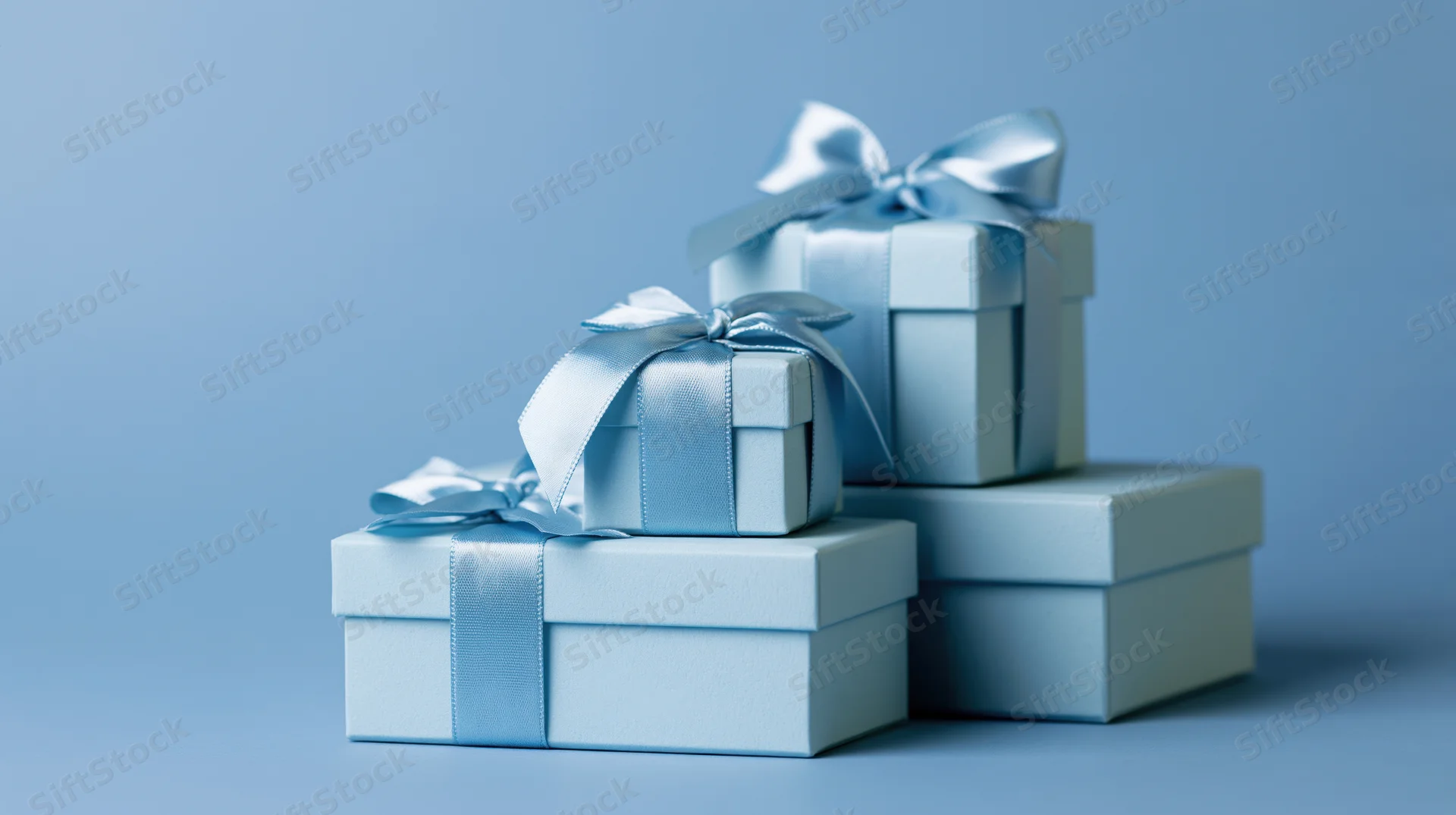 Pale blue gift boxes stacked in varying sizes with satin ribbons and bows on a matching blue background