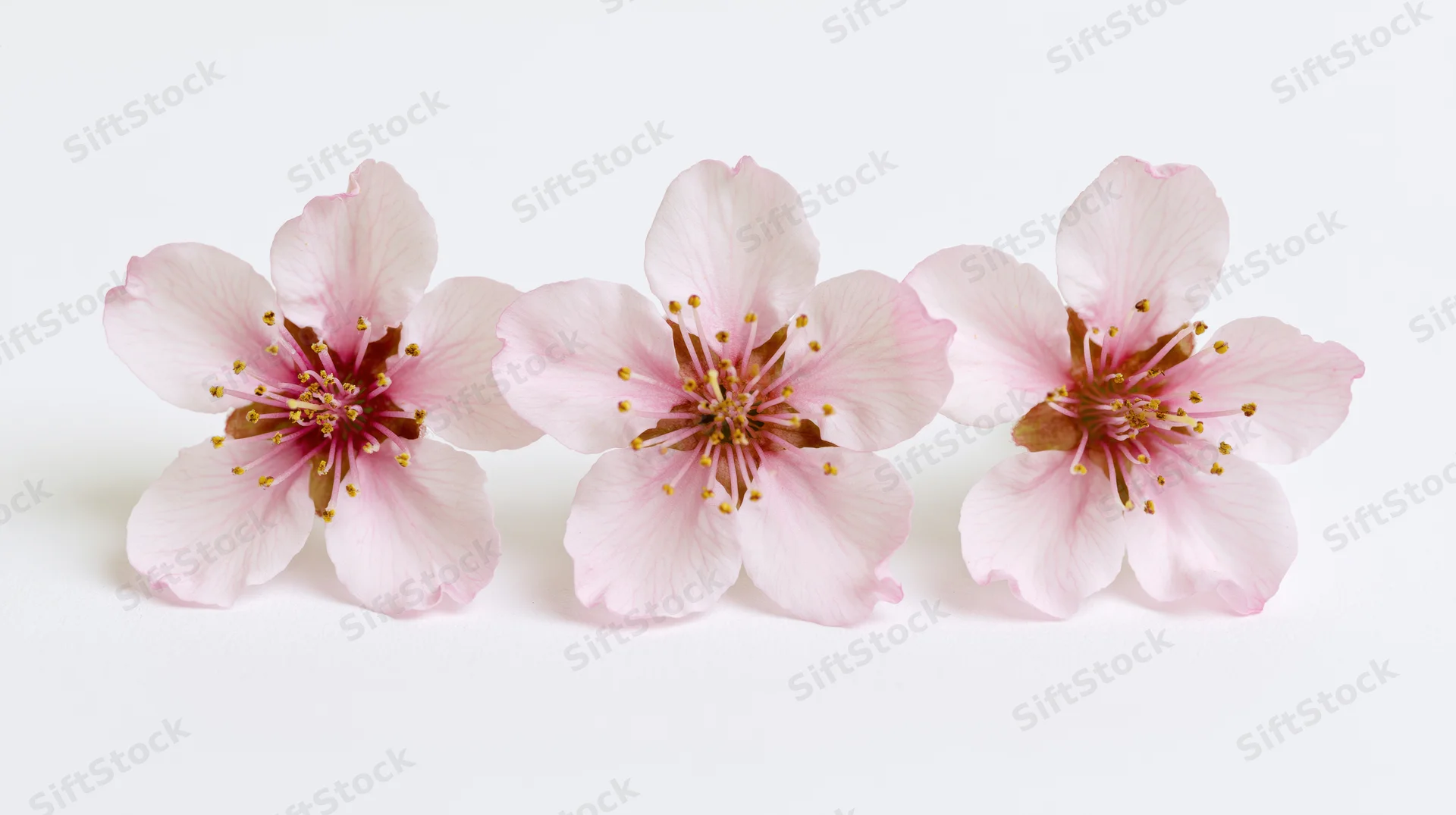 Three peach blossom flowers arranged in a horizontal row on a white background