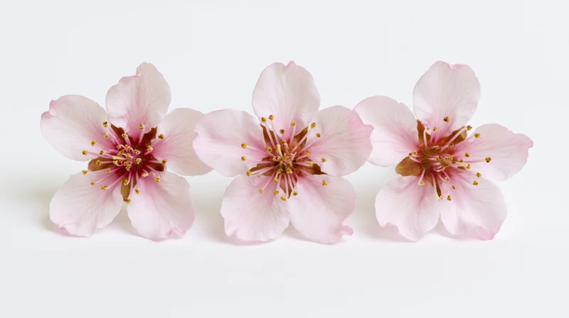 Three peach blossom flowers arranged in a horizontal row on a white background
