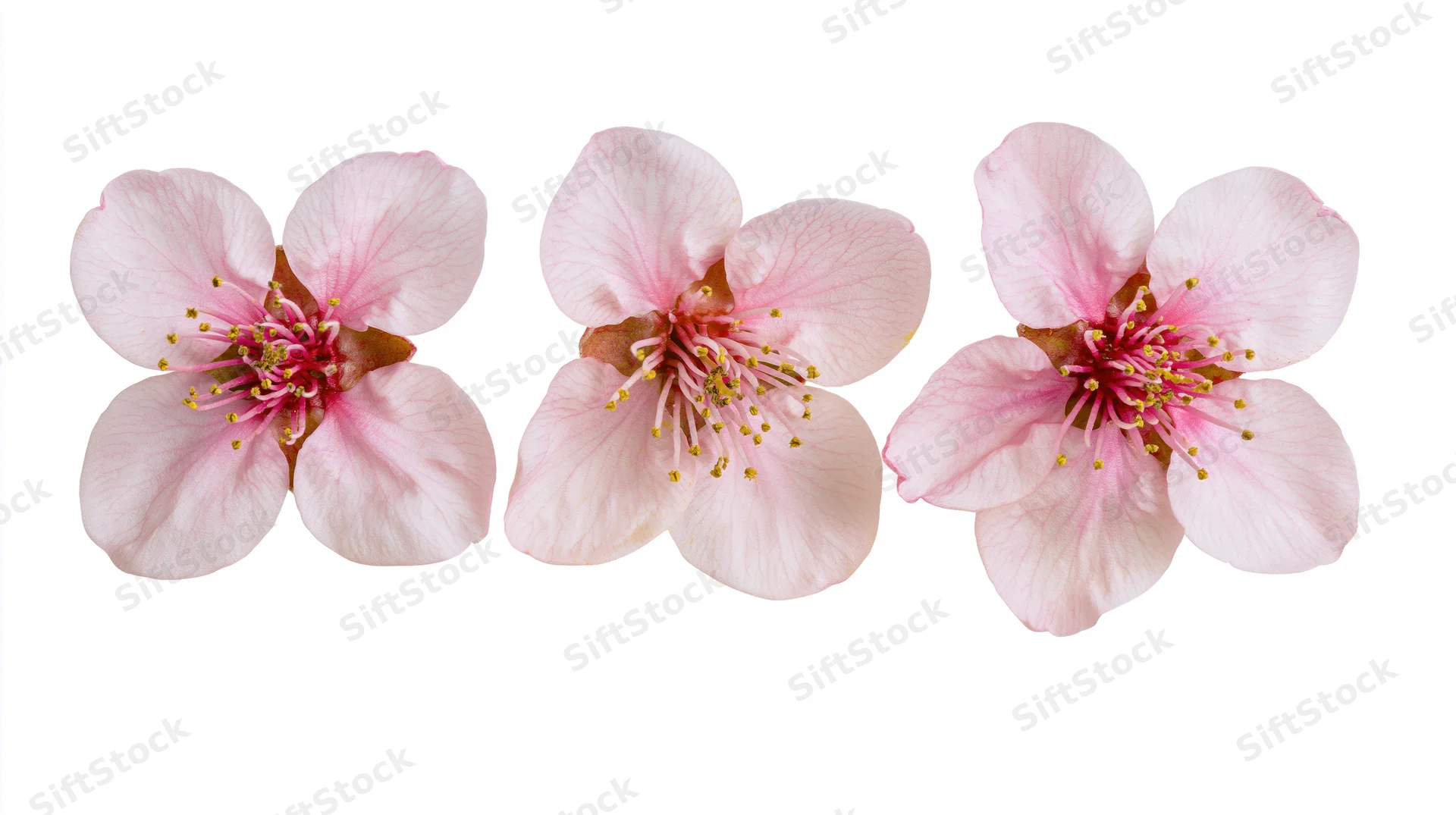 Three peach blossom flowers arranged in a horizontal row on white background