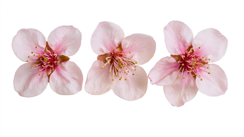 Three peach blossom flowers arranged in a horizontal row on white background