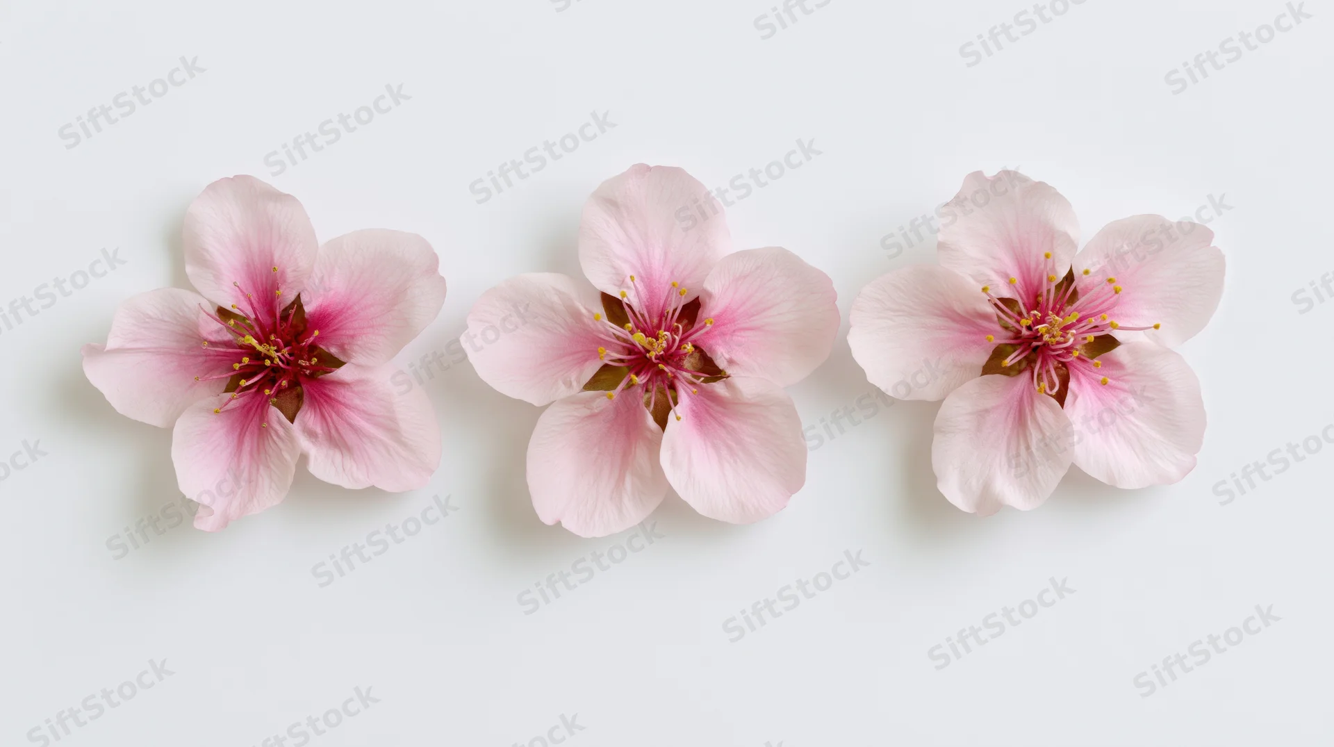 Three peach blossom flowers arranged in a horizontal row on a white background