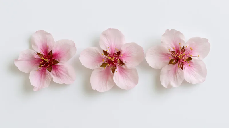 Three peach blossom flowers arranged in a horizontal row on a white background