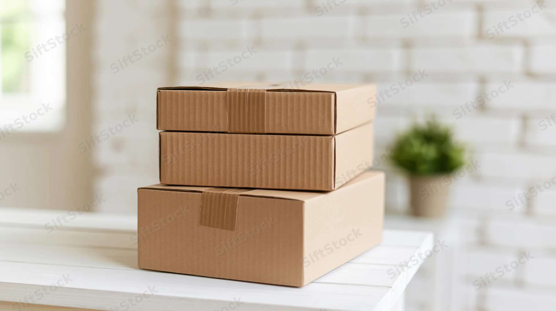 Three plain cardboard boxes stacked on a white table in a bright indoor space with a brick wall and small plant in the background