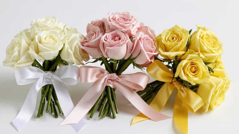 Three bouquets of white, pink and yellow roses tied with matching ribbons on a white background