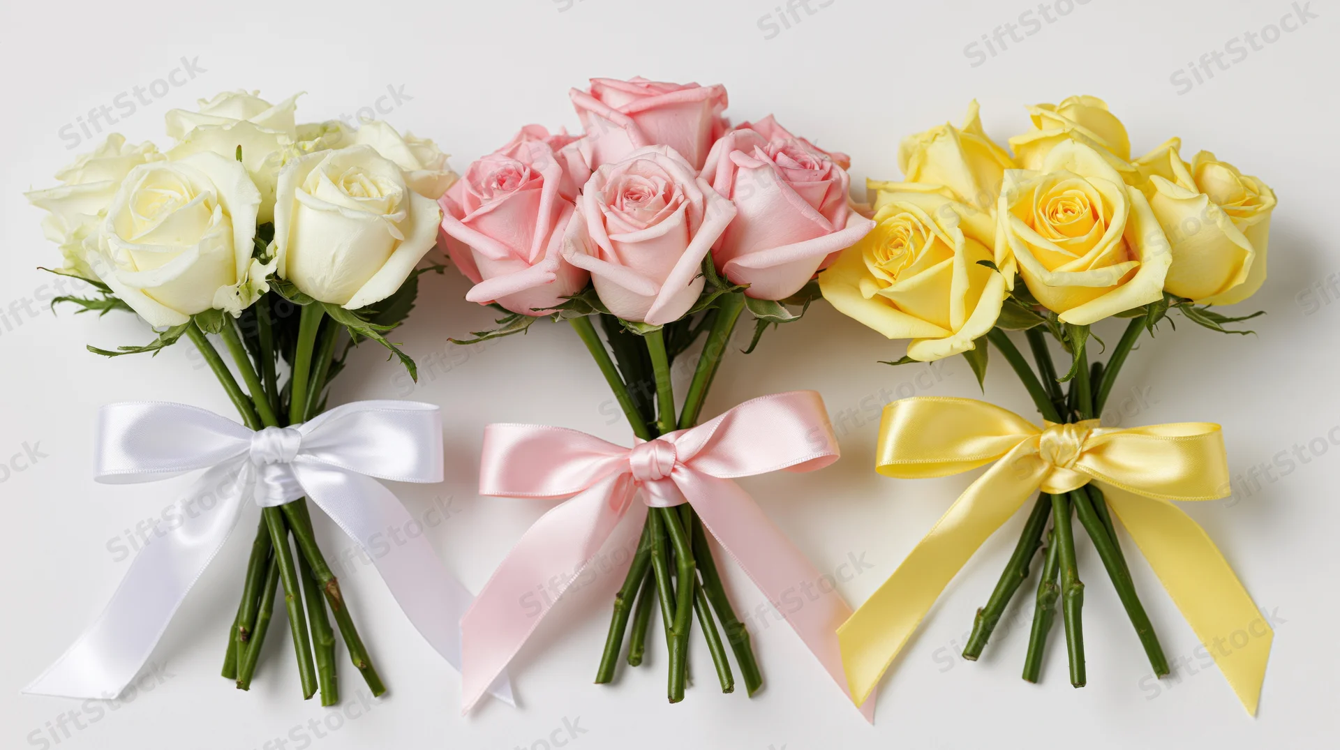 Three bouquets of white, pink and yellow roses tied with matching satin ribbons on a white background