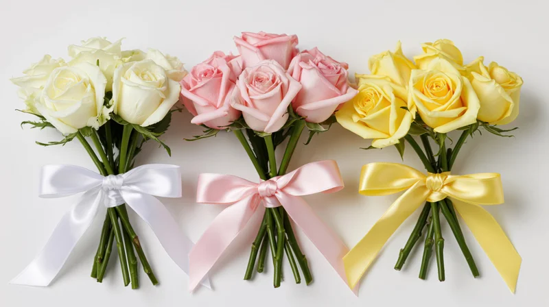 Three bouquets of white, pink and yellow roses tied with matching satin ribbons on a white background
