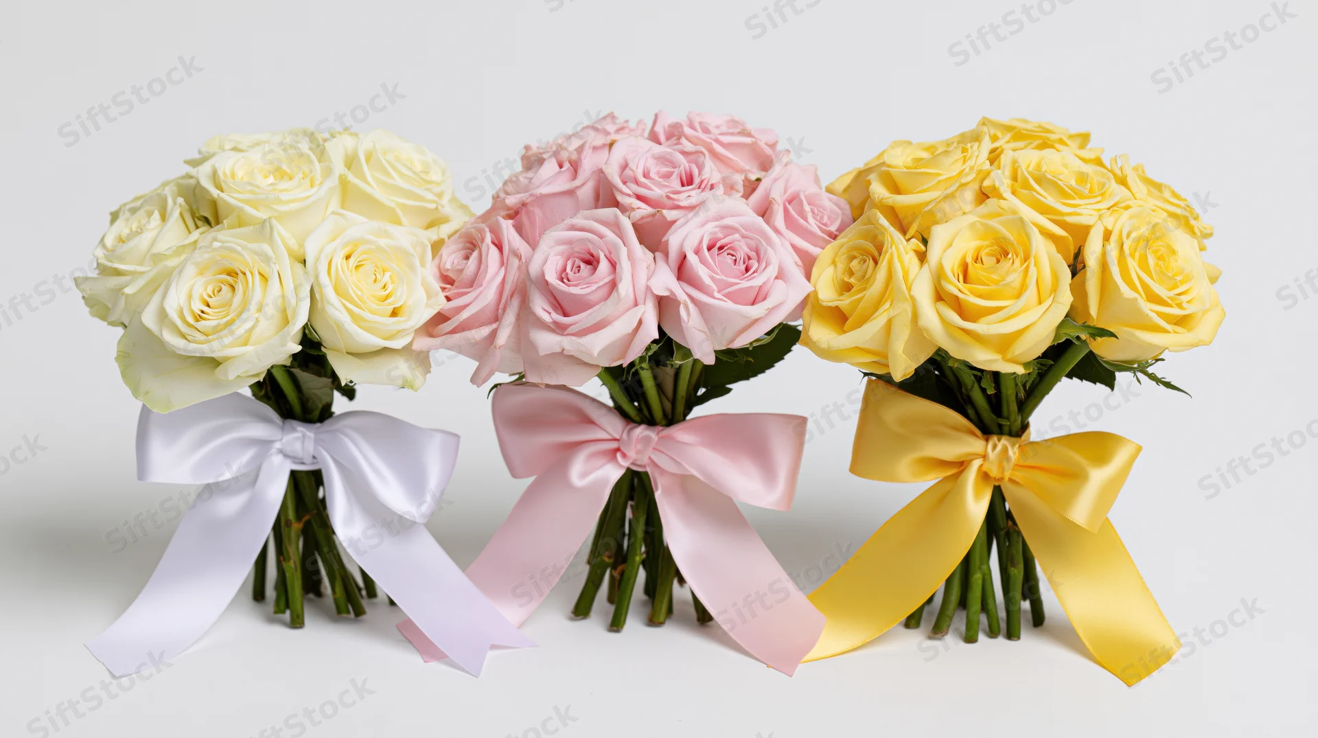 Three rose bouquets in white, pink and yellow tied with matching satin ribbons on a plain white background