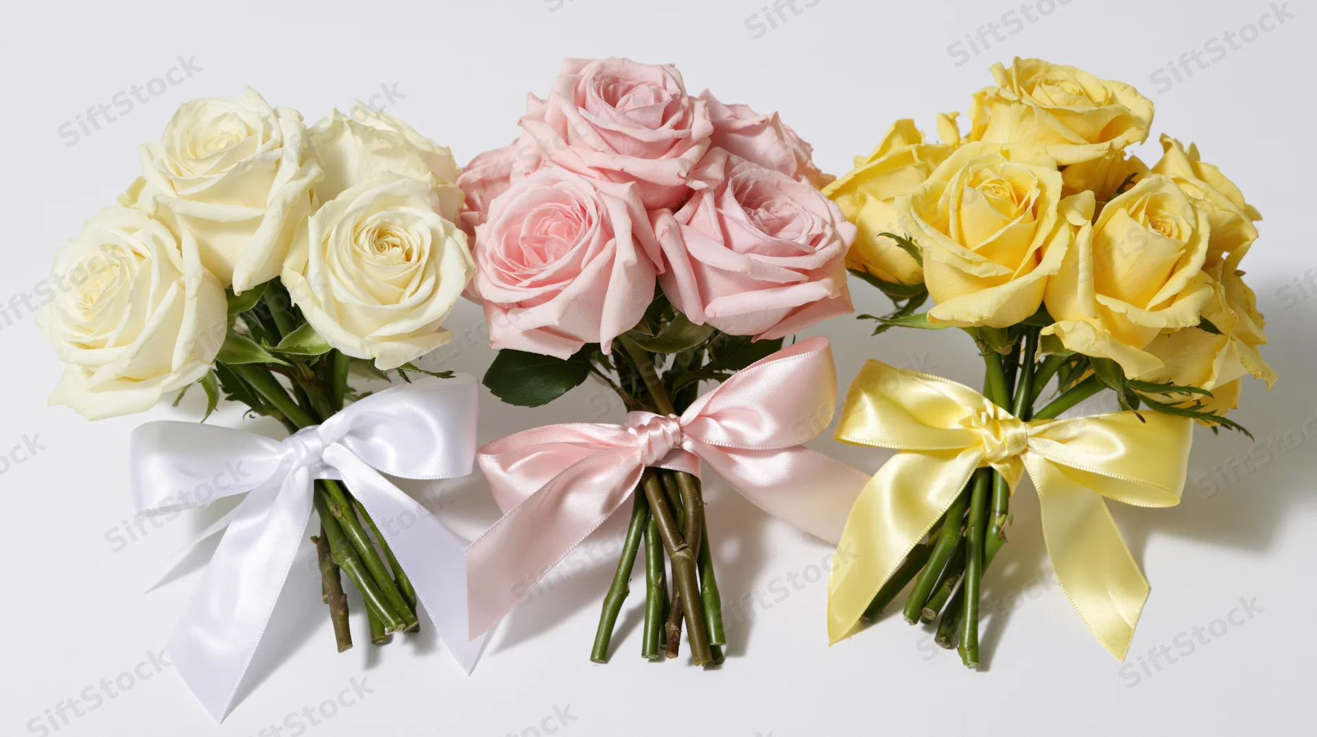 Three bouquets of white, pink and yellow roses tied with matching satin ribbons on a plain white background