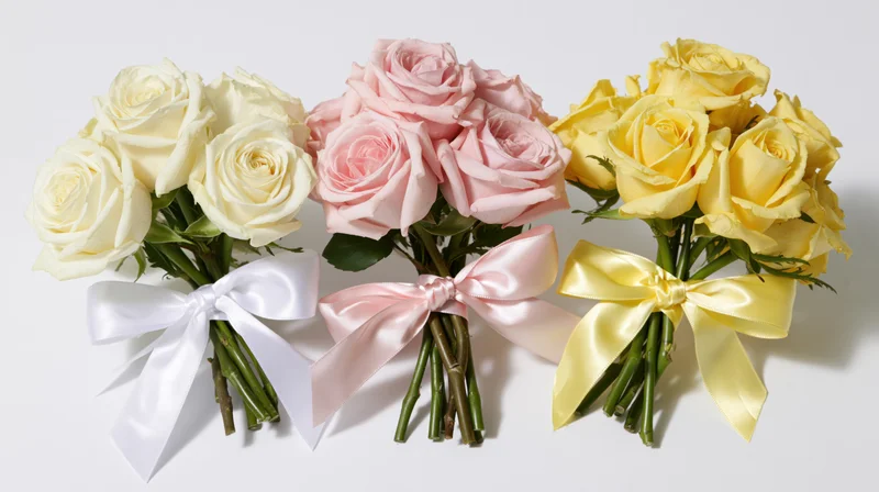 Three bouquets of white, pink and yellow roses tied with matching satin ribbons on a plain white background