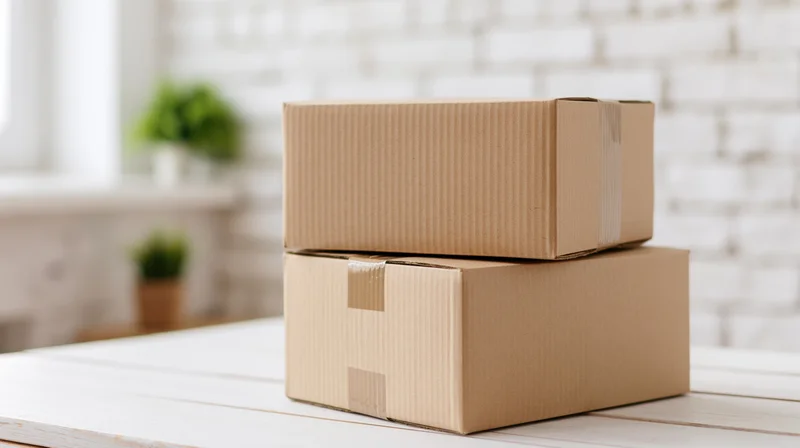 Two sealed cardboard shipping boxes stacked on a white wooden table indoors