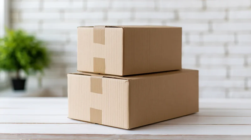 Two sealed cardboard shipping boxes stacked on a white wooden table indoors