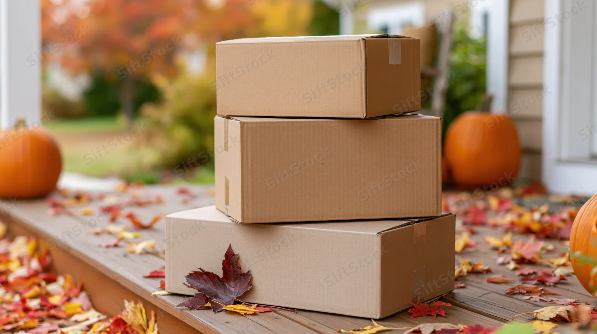 Three stacked cardboard delivery boxes on a residential porch surrounded by autumn leaves and pumpkins