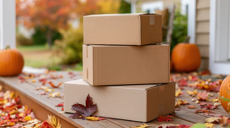 Three stacked cardboard delivery boxes on a residential porch surrounded by autumn leaves and pumpkins