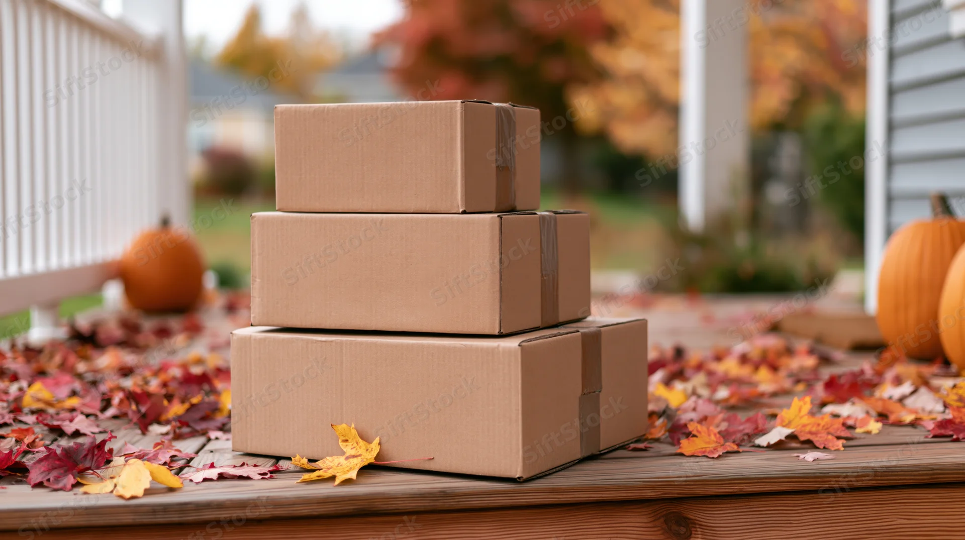 Three stacked cardboard delivery boxes on a residential porch surrounded by autumn leaves and pumpkins