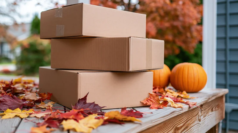 Three stacked cardboard shipping boxes on a wooden porch surrounded by autumn leaves and pumpkins