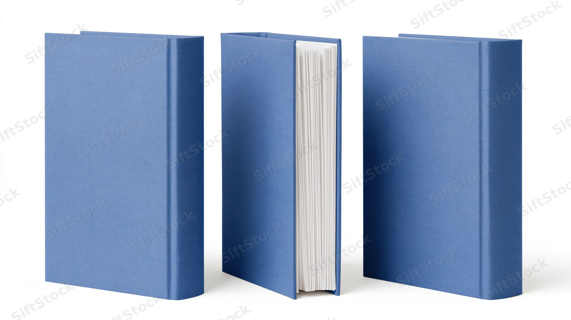 Three plain blue hardcover books shown from front side and back views on white background