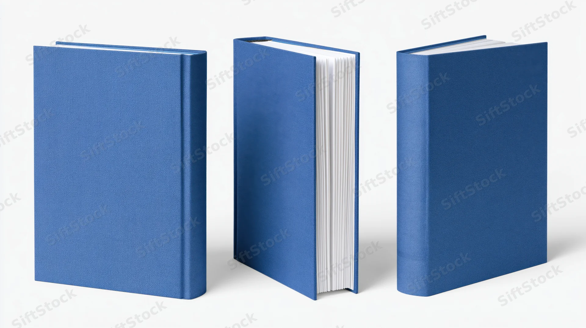 Three blue hardcover books shown from front, side and back views on white background