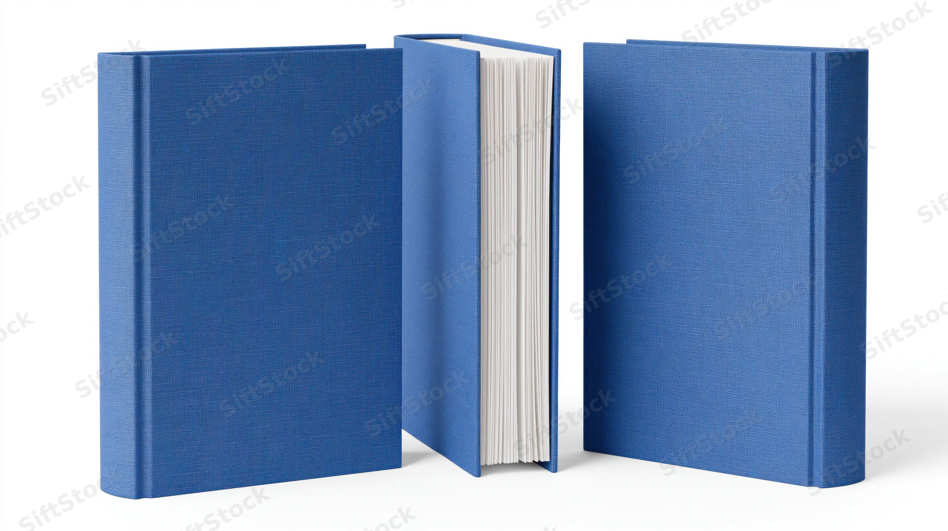 Three blue hardcover books shown from front, side and back on white background