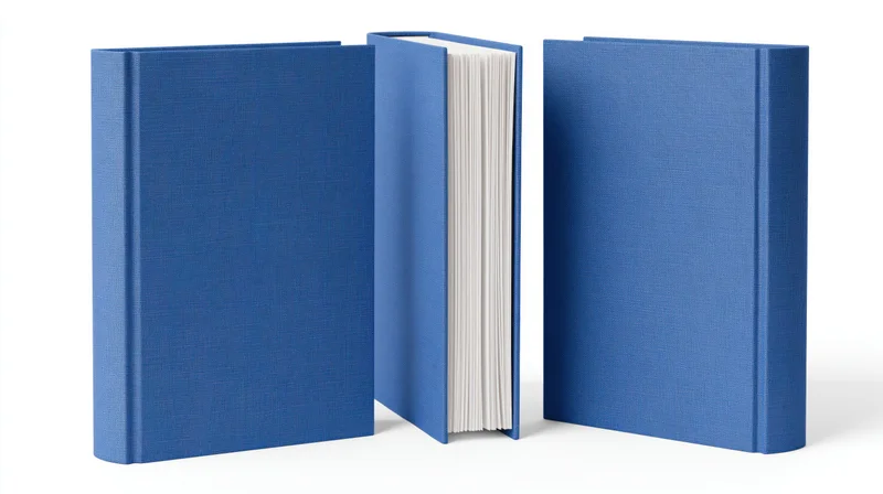 Three blue hardcover books shown from front, side and back on white background