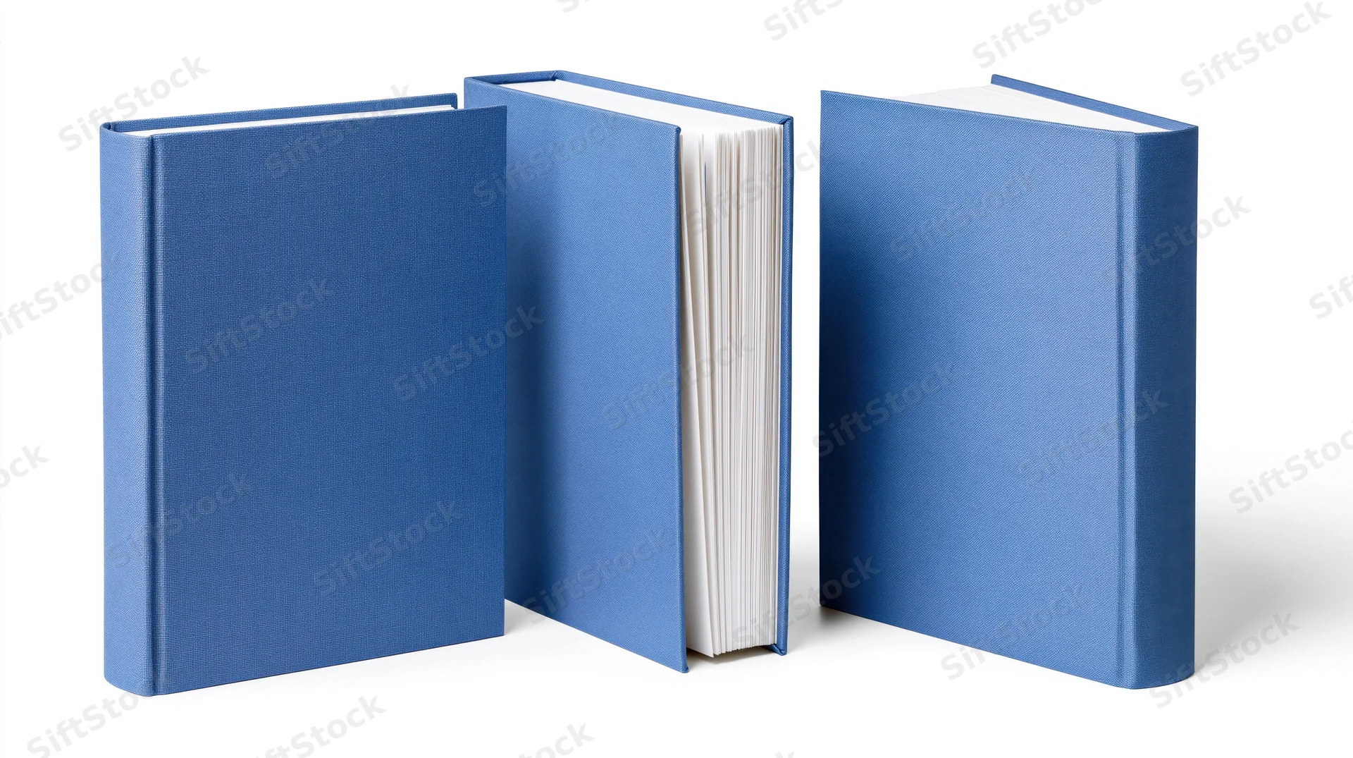 Three blue hardcover books arranged side by side on white background with one open showing pages