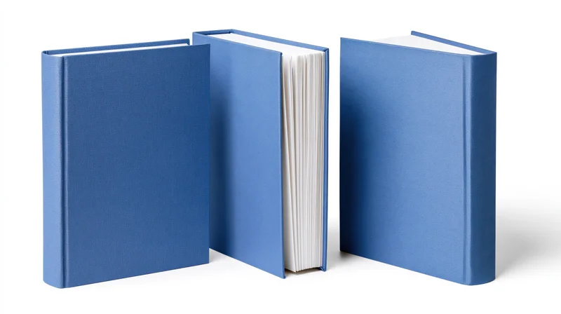 Three blue hardcover books arranged side by side on white background with one open showing pages
